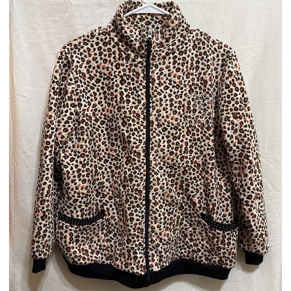 Womens Leopard Print Rhinestone Zip Jacket Bling Y2K Bold Glam Cozy Chic